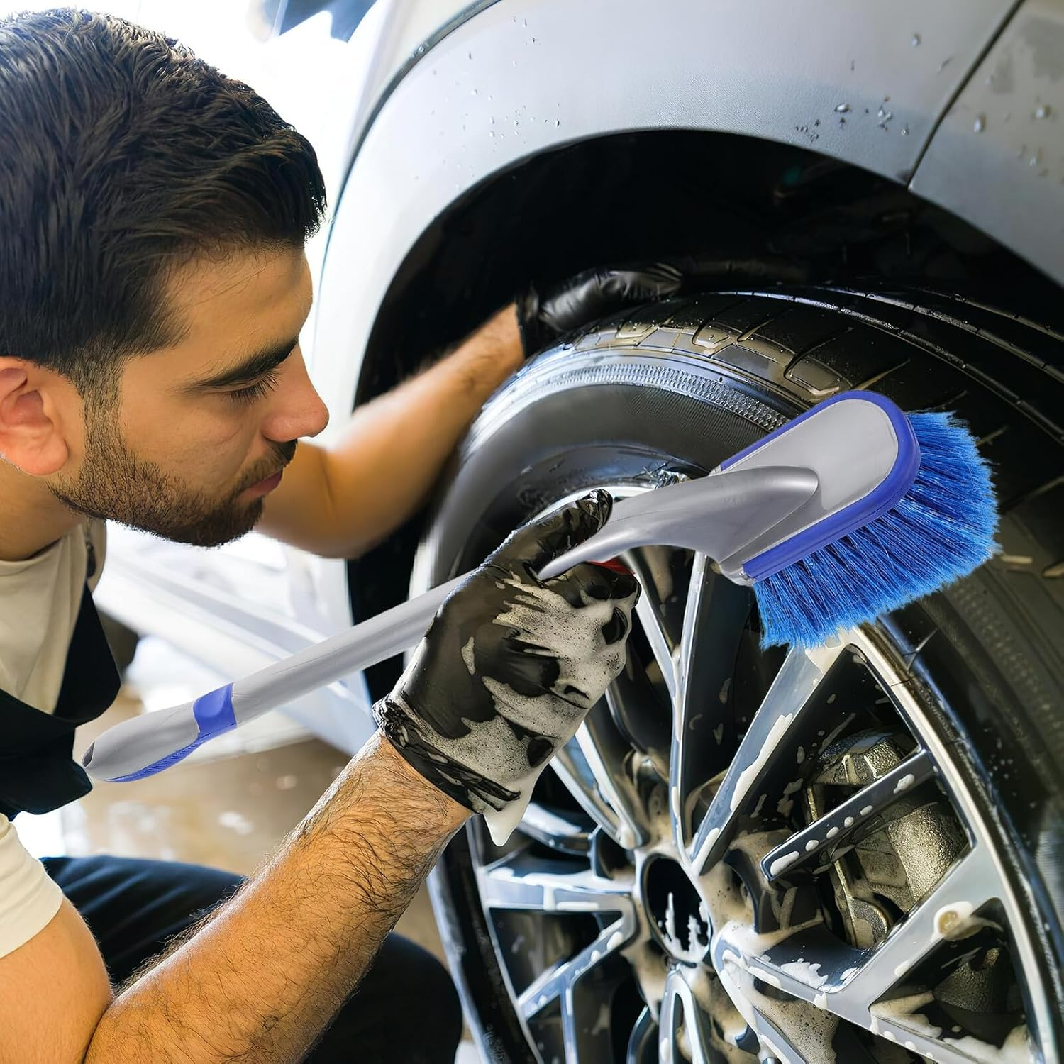 Outanaya Car Wheel Cleaning Brush Set, 2Pcs Tire and Rim Detail Brushes with Long and Short Ergonomic Handles, Soft Bristles for Auto Wheel and Tire Care, Suitable for Car and Motorcycle Detailing image number 6