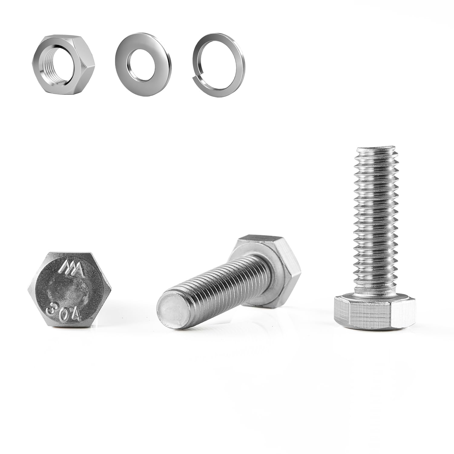 M8&times;50Mm Hex Bolts, Nuts, Flat Washers and Lock Washers, 20Pcs, 304 Stainless Steel, Fully Threaded Screw Bolts image number 6