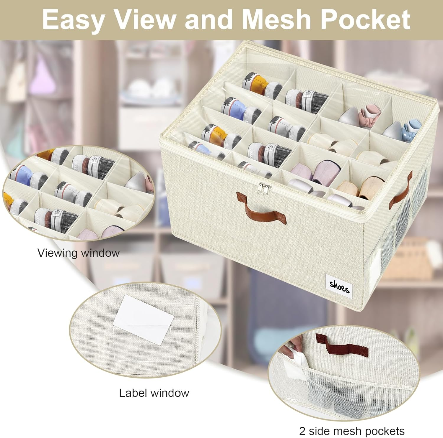 VERONLY Shoe Organiser for Closet Fits 16 Pairs, Adjustable Dividers Shoe Storage Bins Boxes, Foldable Shoe Holder Cube Containers with Clear Cover for Large Shoes, High Heels, Sneaker, Boots (Beige) image number 2