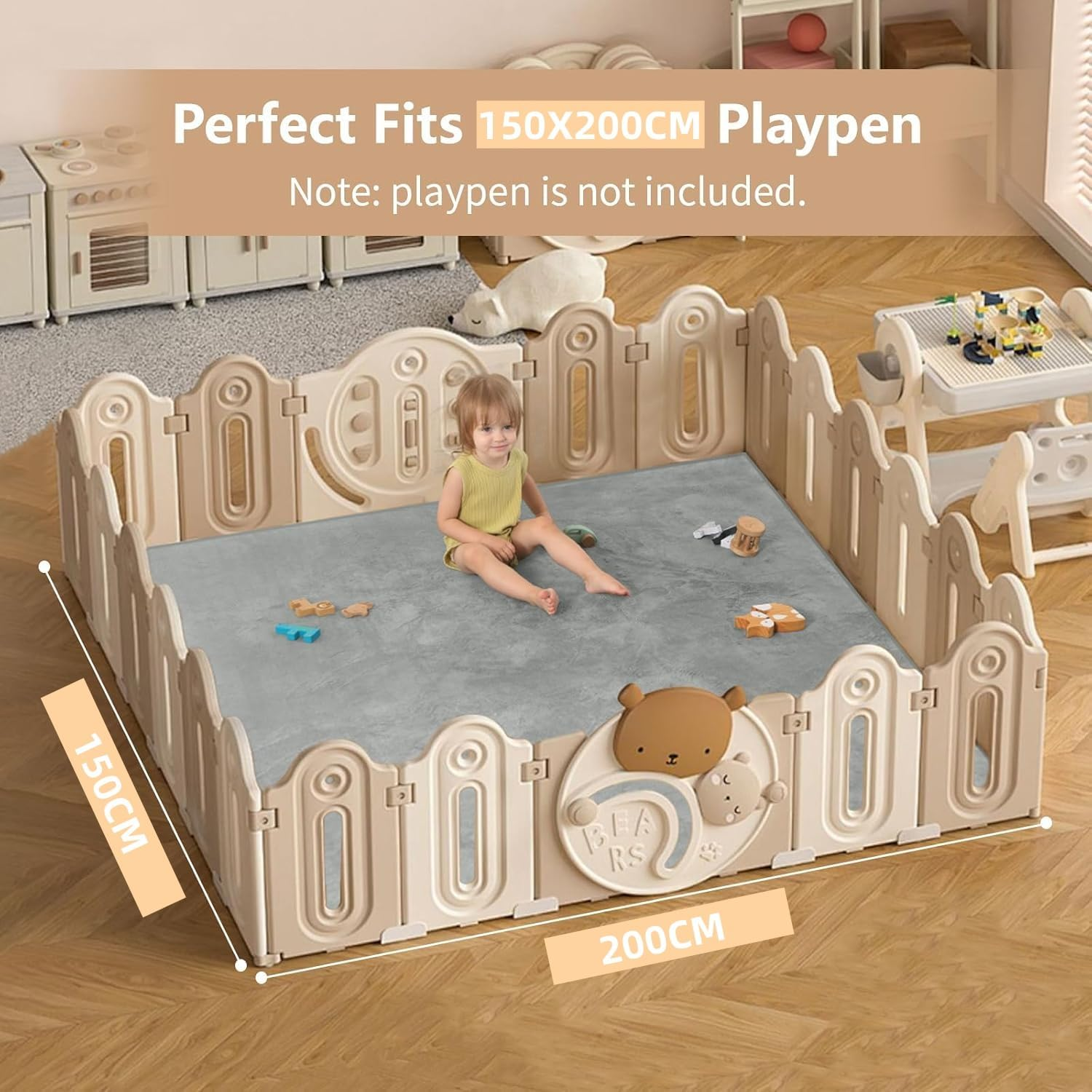 Baby Play Mat for Floor, Thick Elasti-Foam Playpen Mat for Tummy Time, Water Repellent Soft Coral Velvet for Toddler, Infant, Kids, Non-Slip Backing Safe for Crawling (150 * 200Cm) - 100*150Cm image number 4