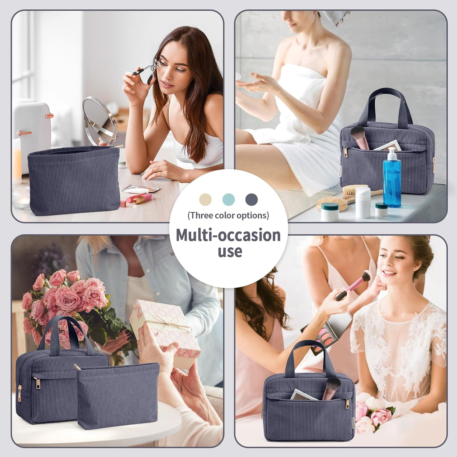 Cosmetic Bag Corduroy Makeup Bag, 2 Pcs Make up Bags Women Large Travel Cosmetic Bag Portable Makeup Bag with Handle for Girls Women(Gray) image number 4