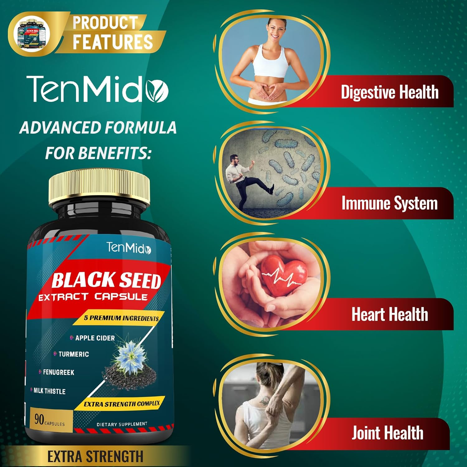 Black Seed Extract Capsules & Apple Cider, Turmeric, Fenugreek, Milk Thistle | Rich in Nutrients, Omega | Supports Immune, Digestive Health | Nigella Sativa Supplement, 90Caps image number 3