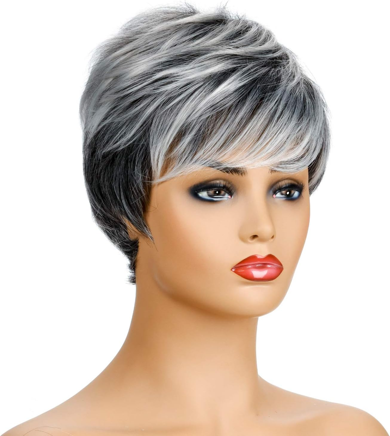 AUBWIG Black Ombre White Short Pixie Cut Wigs Tiered Fluffy with Fringe Natural Straight Heat Resistant Synthetic Short Hair Wigs for Women (Black Ombre White) image number 1