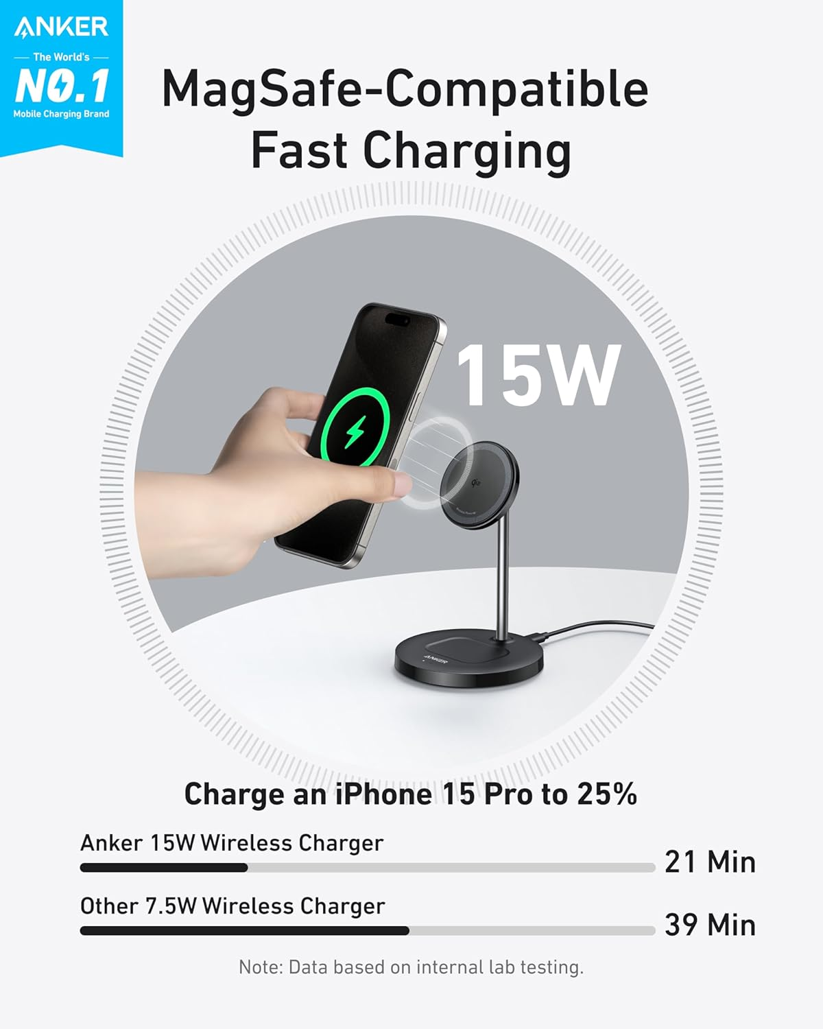 Anker Magsafe Compatible Maggo Charger Stand, Iphone 17 Wireless Charger, 2-In-1 Charging Station, Qi2 Certified 15W Fast Charging, for Iphone 17/16/15/14/13/12, Airpods Pro (Black, No Adapter) image number 1