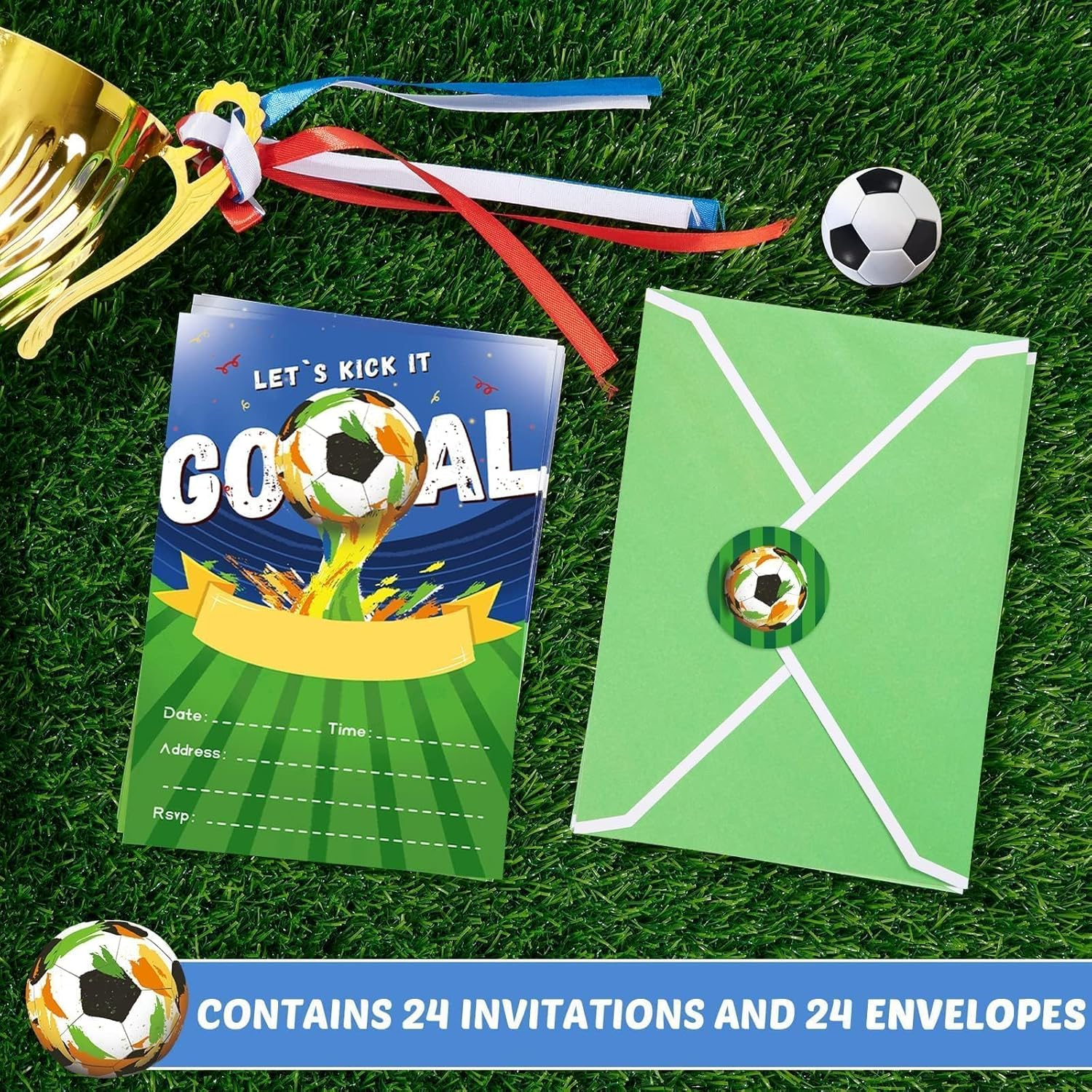WERNNSAI 24 Set Soccer Birthday Invitations with Envelopes - Soccer Ball Birthday Party Supplies for Kids Boys Football Sport Blank Party Invites Cards with Goal Stickers for Baby Shower Celebration image number 1