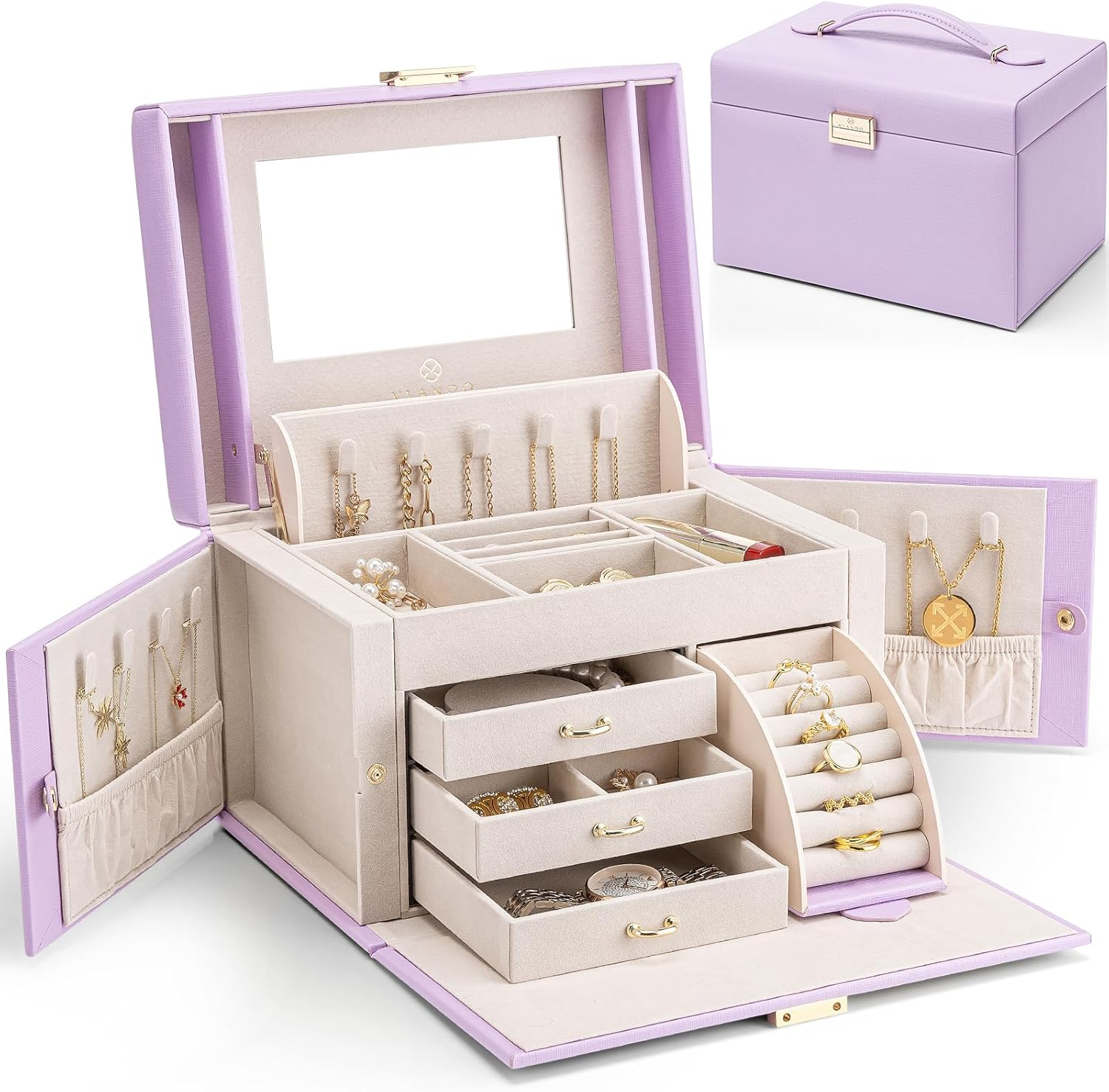 Vlando Jewelry Box Organizer for Girls Women, Large Baroque Jewelry Holder Organizer with Mirror, 3 Drawers for Bracelets, Earrings, Rings, Necklaces, Mothers Day Gifts for Loved One, Blue image number 3