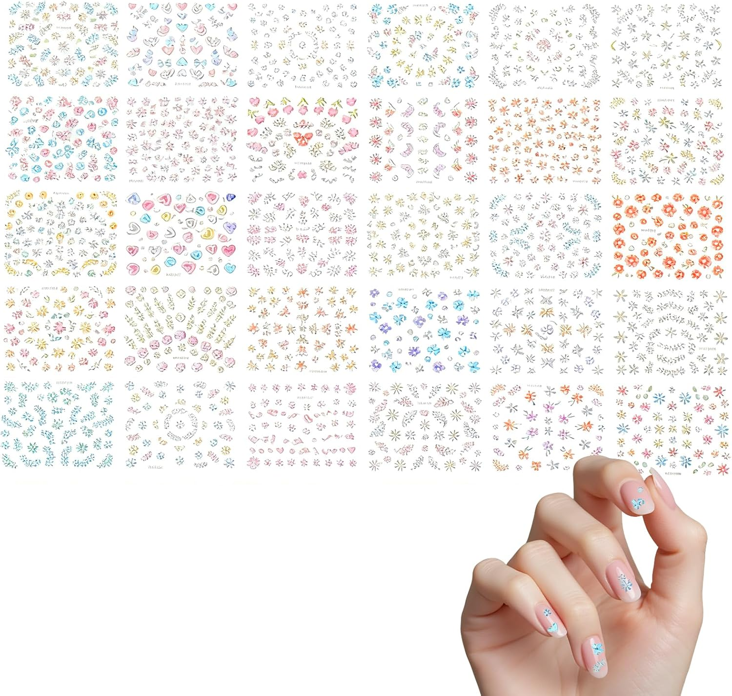 Nail Art Stickers, 30 Sheets 3D Flower Nail Decals for Girls, Self-Adhesive Colorful Daisy Floral Heart Bow Tie Designs for Manicure DIY