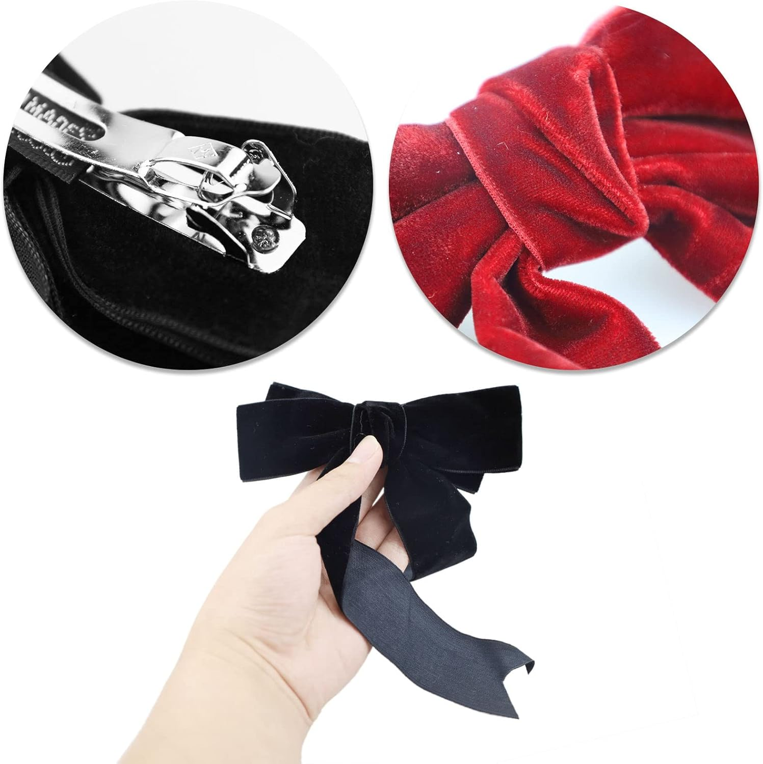 2Pcs Velvet Bow Hair Clip,Large Satin Ribbon Bow Hairpins,Bows Hair Barrettes Fastener French Hair Bows with Long Ribbon Vintage Party Hair Accessories Women Girls Gifts 2PCS (Black & Red Velvet) image number 3