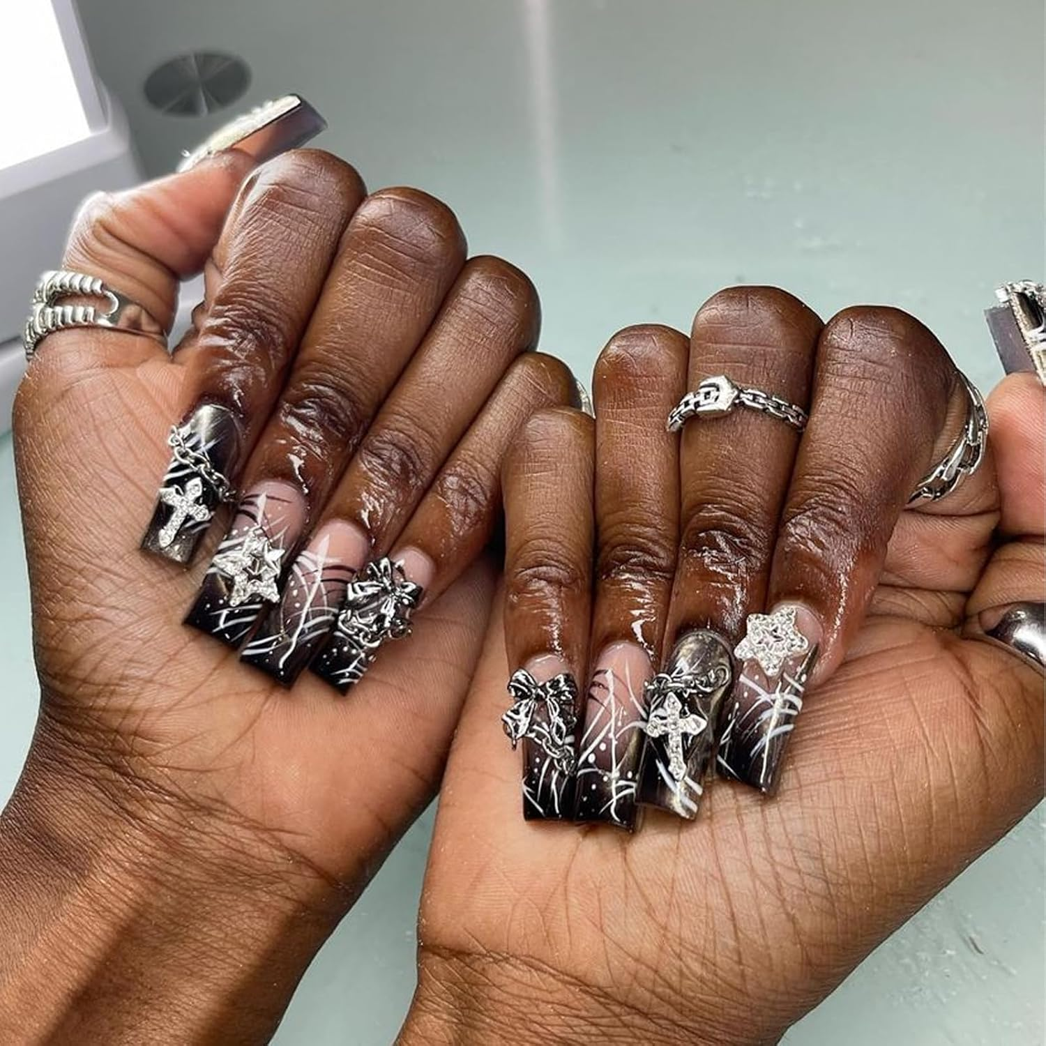 Bbatt-Happy 110Pc Star Nail Charms, Silver Star Planet Cross Alloy Nail Art Decoration image number 6