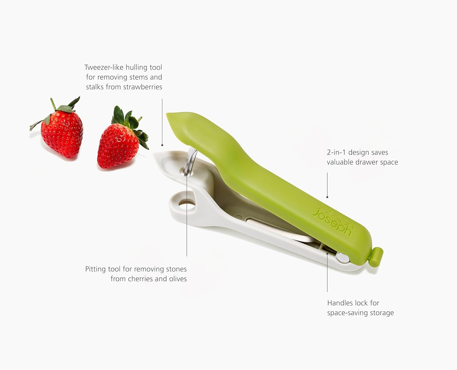 Joseph Joseph Tweezy 2-In-1 Cherry Olive Pitter and Strawberry Huller, Space Saving Storage, BPA Free image number 4