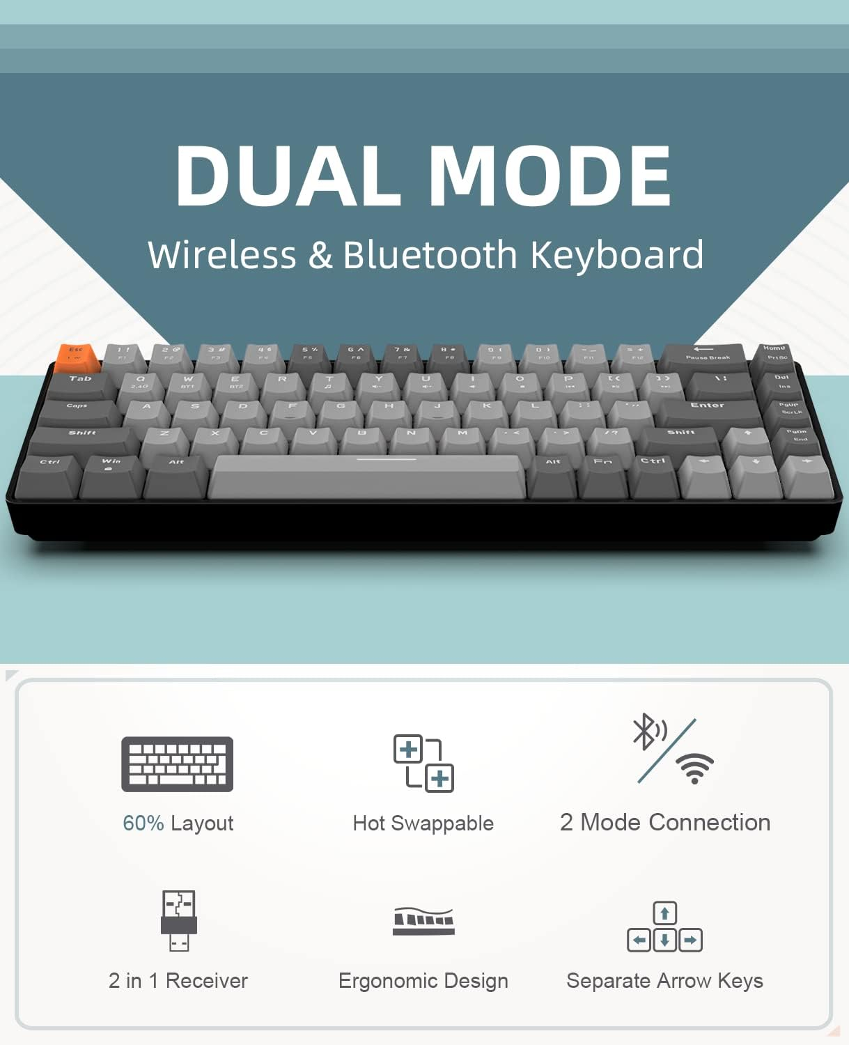 ZIYOU LANG RK68 60% Wireless Mechanical Keyboard, Bluetooth 5.0/2.4Ghz Dual Mode 2-In-1 USB-C Receiver Mini Mechanical Keyboard, Hot Swappable Red Switch Gaming Keyboard for Pc/Mac/Laptops image number 2