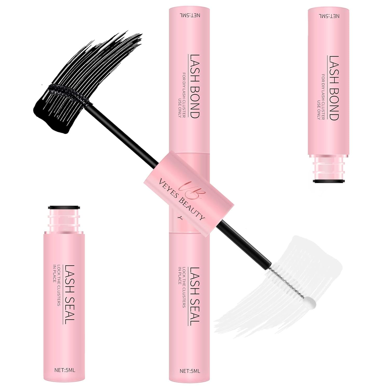 VEYESBEAUTY Lash Bond and Seal Waterproof 2 in 1 Lash Cluster Glue for DIY Eyelash Extensions Long Lasting Strong Hold Individual Eyelash Glue for Self-Application at Home (5Ml+5Ml)