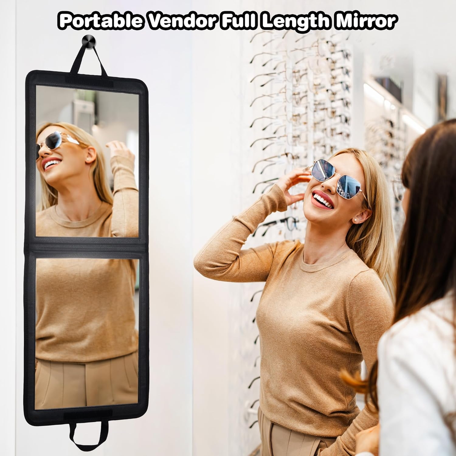 LPHUMEX Foldable Full Length Travel Mirror &ndash; 33&rdquo; Portable Shatterproof Hanging Mirror, Folding Full Length Travel Makeup Mirror for Camping, RV & Small Spaces - Black image number 2