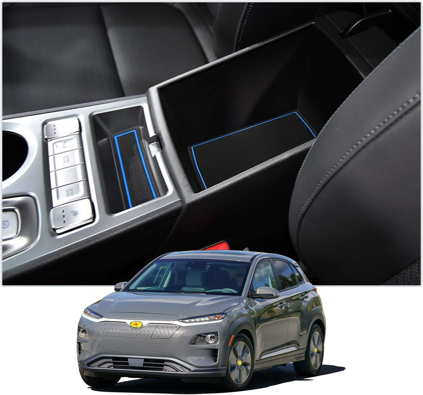 CDEFG Compatible with Hyundai Kona Electric 2021 2022 Rubber Anti-Slip Mats Door Slot Non-Slip Anti-Dust Cup Holder Mat Arm Box Storage Pads Car Interior Accessories (Blue) - Electronic Automatic-Petrol Black image number 3