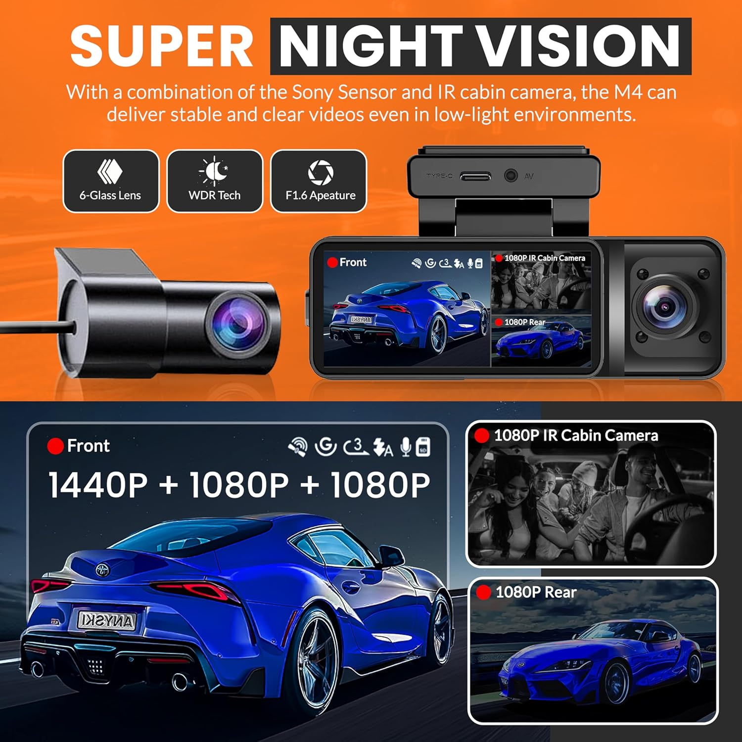 3 Channel Dash Cam Front and Rear, 3.2&rsquo;&rsquo; IPS Screen, Three Way Triple Dashcam for Cars, 1440P+1440P+1080P with STARVIS IR Night Vision, 24H Parking Mode, Motion Detection, WDR image number 2