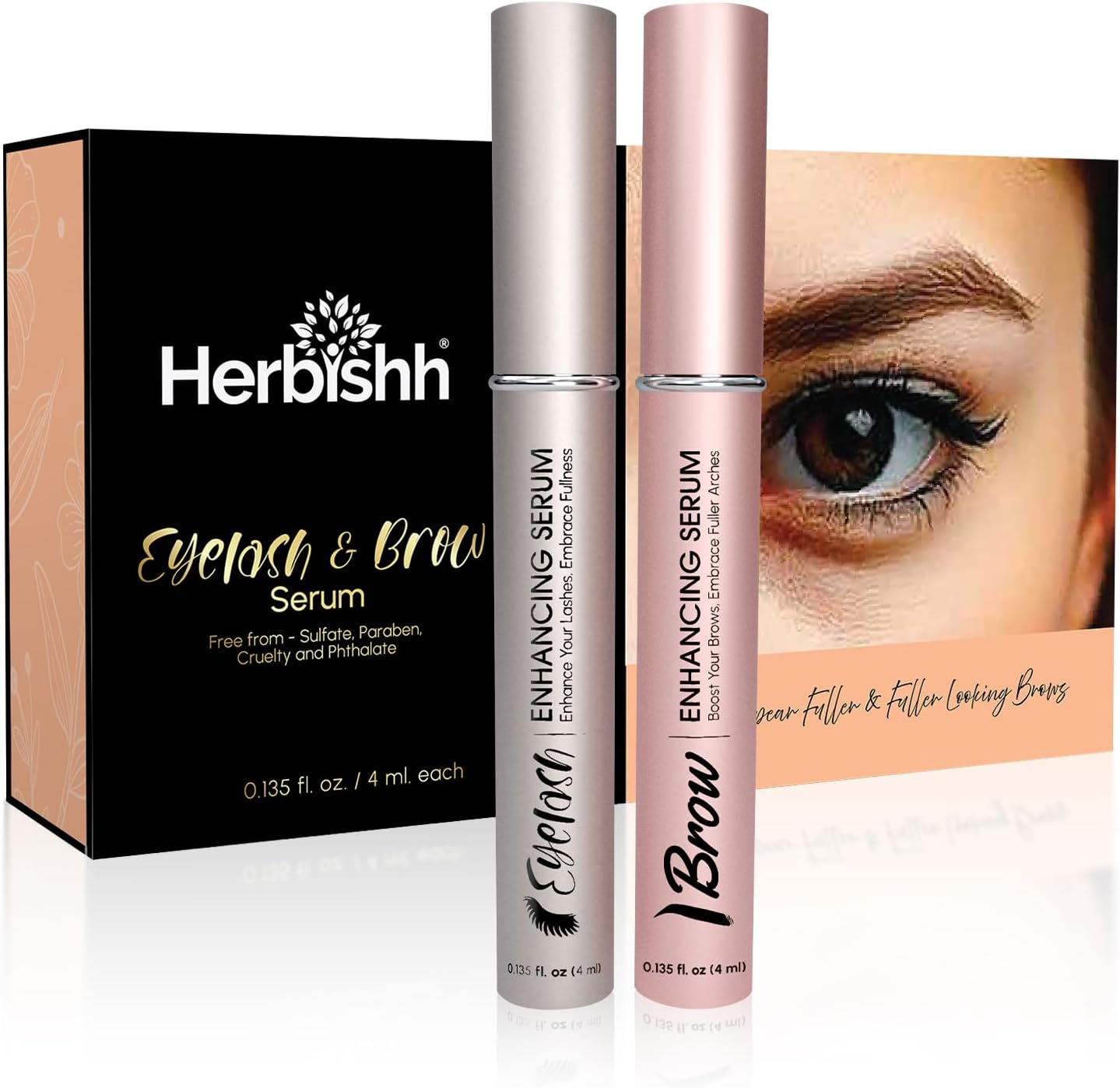 Herbishh Eyelash & Eyebrow Enhancing Serum Combo &ndash; Complete Eye Care Growth Formula for Fuller Lashes & Brows, Safe for Lash Extensions, Growth Serum, Fragrance-Free, 0.135 Fl. Oz Each