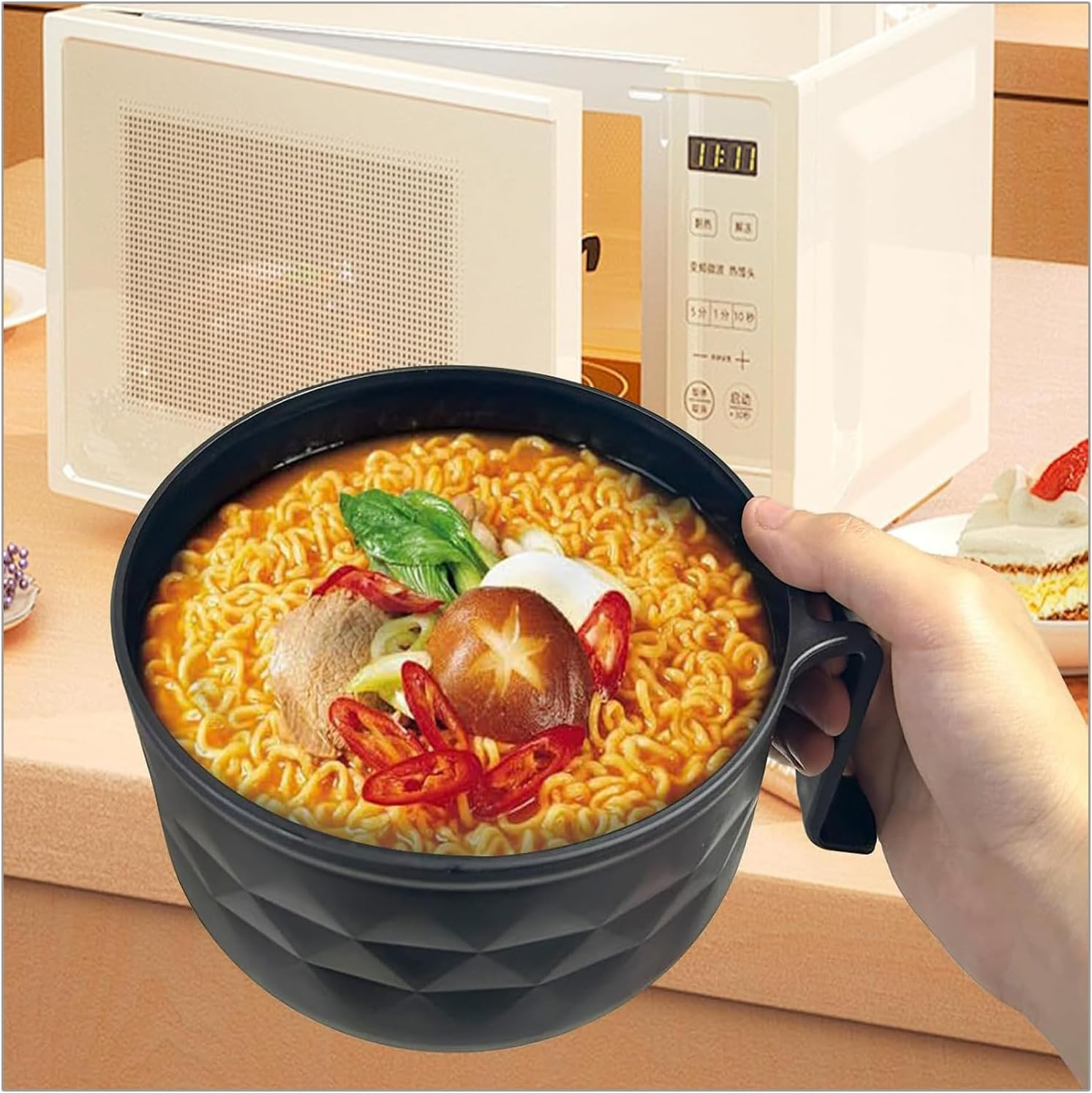 Yharnamite 6 Pcs Ramen Bowl Set, Ramen Noodle Bowls with Chopsticks, Spoon, Fork, Strainer and Lid, Microwave Ramen Cooker, Ramen Pot Set for Dorm Room, Apartment, Home, Office (Black) image number 4