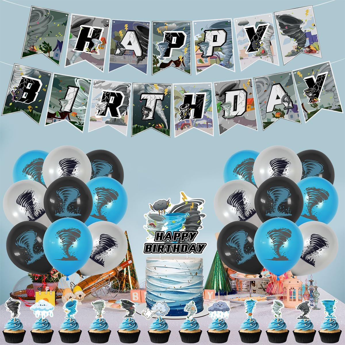 Tornado Party Decorations,Tornado Birthday Party Supplies Includes Birthday Banner, Cake Topper, Balloons ,Suitable for Tornado Themed Party Decorations image number 3