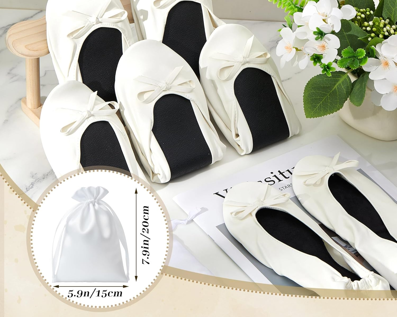 Jecery 6 Pairs Wedding Bridesmaid Ballet Flat Set Women Foldable Flats Portable Ballerina Slippers Wedding Dancing Shoes for Guests Bachelorette Party Gifts Bridal Shower Supplies - Pink image number 3