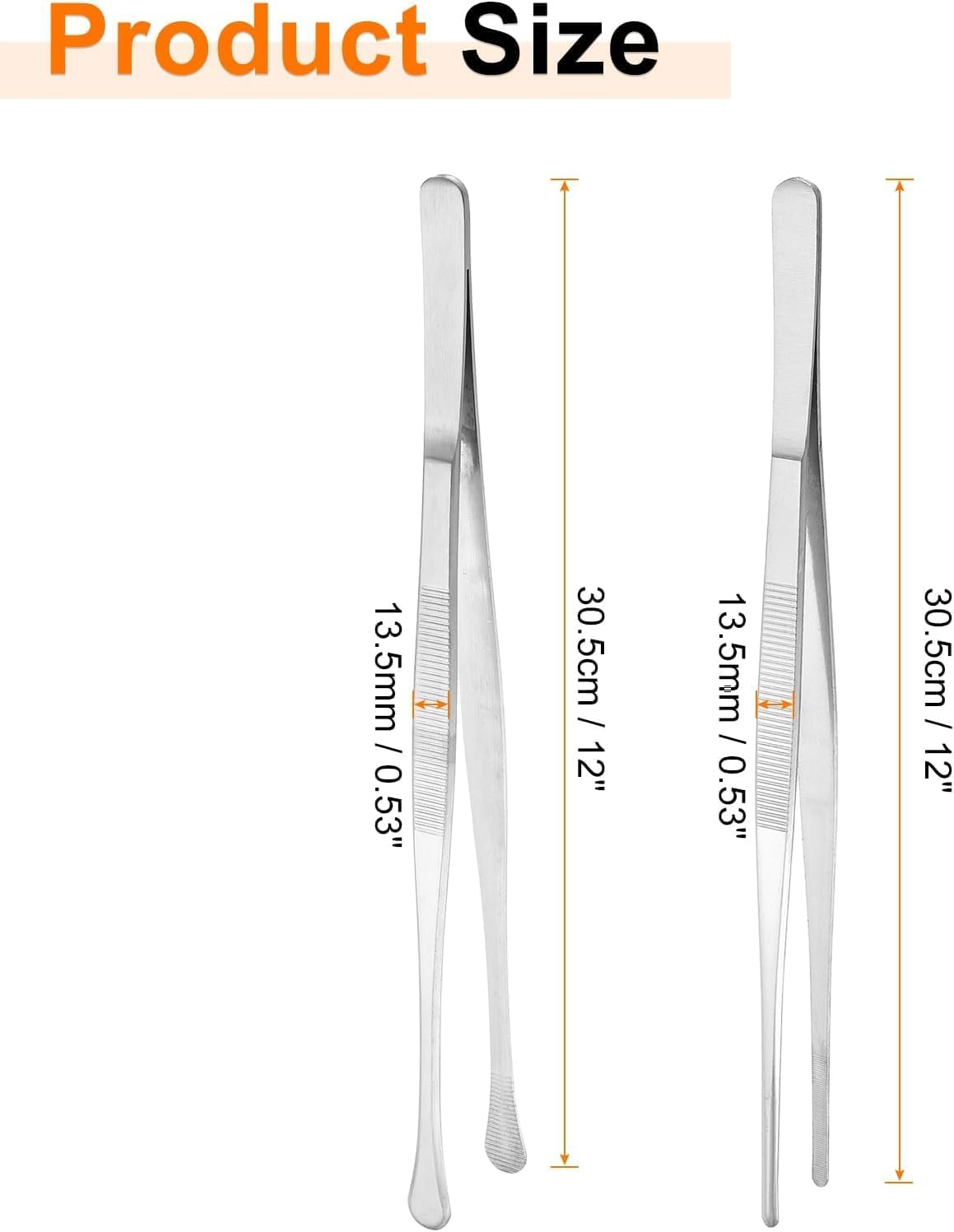 Stainless Steel Tongs 12-Inch 2-Pack, Kitchen & Cooking Tweezers with Dual-Head (Straight + round Tip) | Non-Slip Grip for BBQ, Grilling, Serving & Food Preparation image number 1