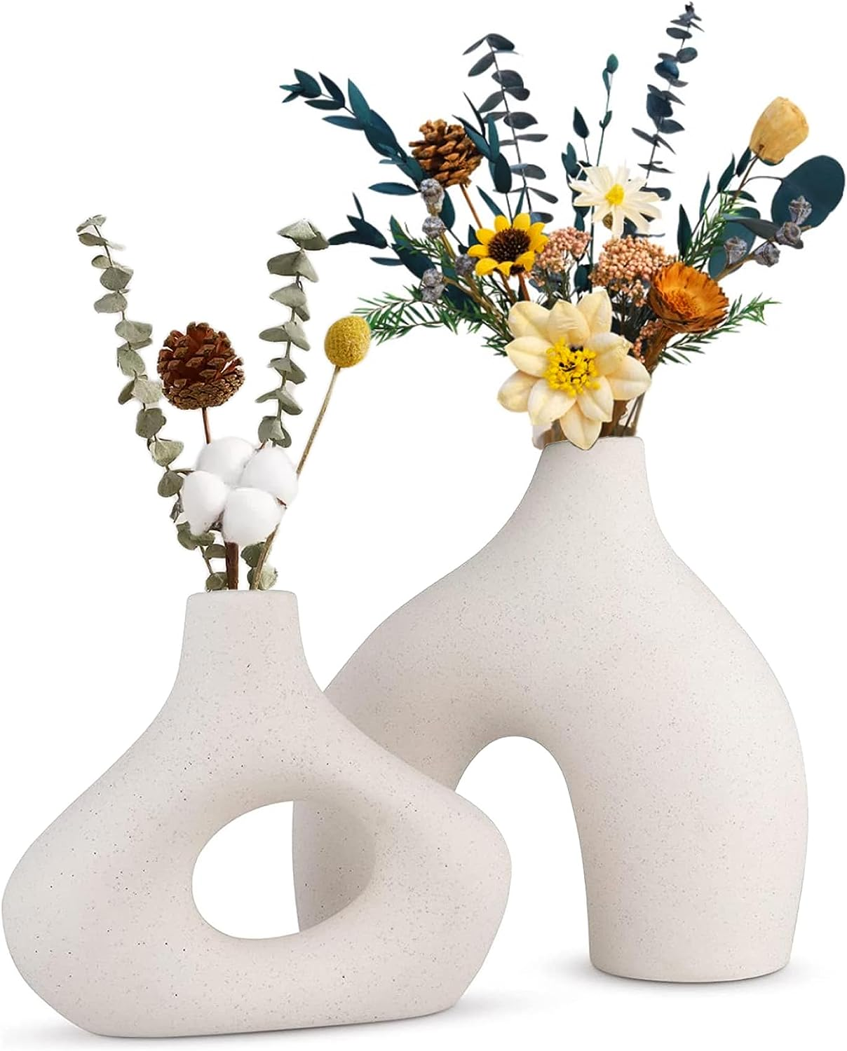 Ceramic Vase Set - 2 Flower Donut Modern Vases for Home D&eacute;cor, Creative White Vases Minimalism Style Decor Vase Table Vase for Living Room Entryway Bookshelf Mantel Centerpieces Shelf