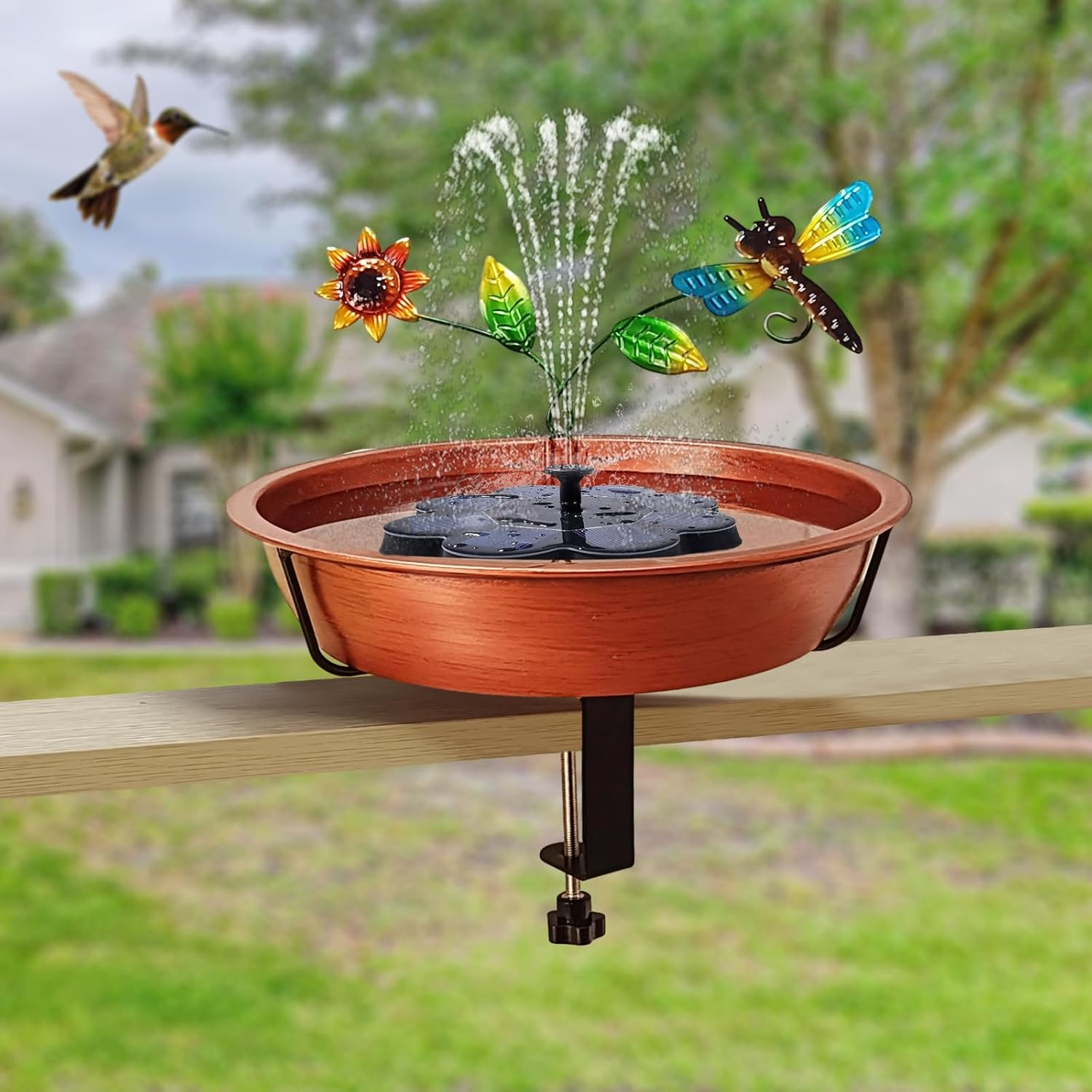 Deck Bird Bath for Outside, 13 Inch Large Antique Copper Metal Birdbath Bowl with Adjustable Big Steel Clamp, Backyard Bird Feeders/Baths for Railing Balcony Fence Yard Art Garden Decor image number 5