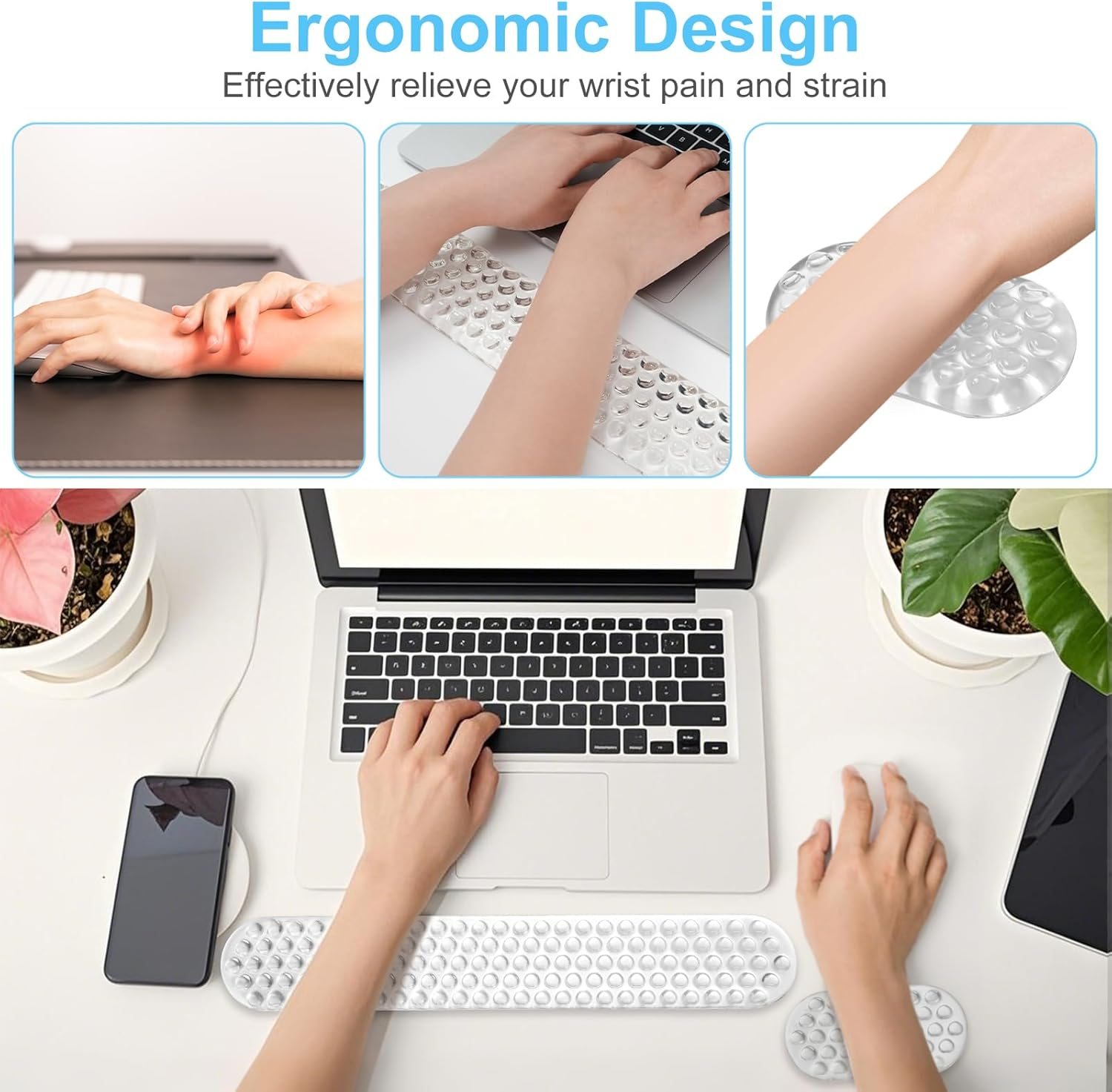 MOSISO Gel Wrist Rest Support for Mouse Pad&Keyboard Set, Ergonomic Massage Keyboard&Mouse Pad Set, Non-Slip Base Pain Relief&Soft Cooling Gel Computer Easy Typing Pad for Home/Office, Transparent - Transparent image number 5