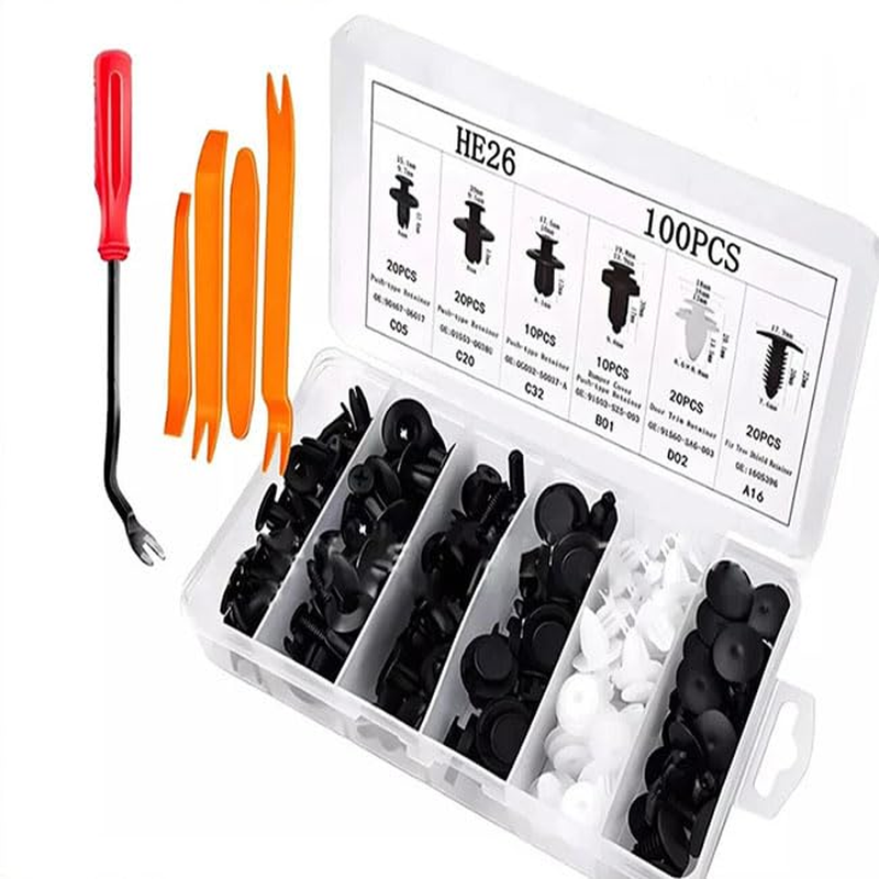 100-Piece G-Eneral M-Otors Clip Fixing Set, Including Disassembly Tools for Clip Repair, Black and White Plastic Rivets, Suitable for Most Vehicle Models image number 2