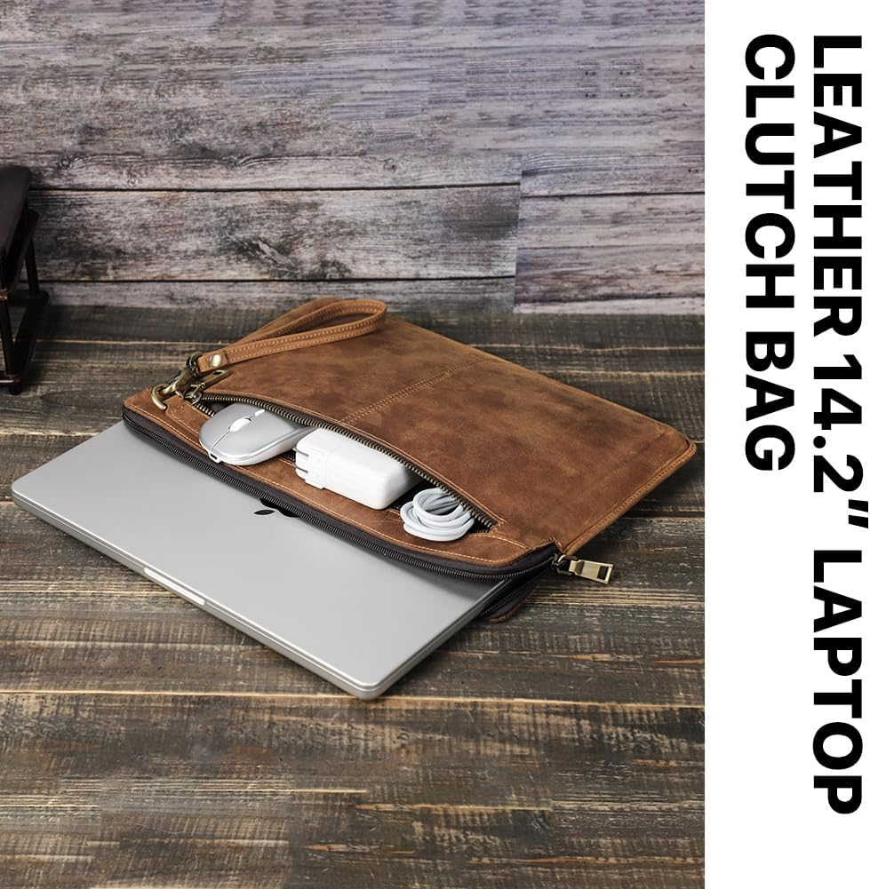 Contacts Genuine Leather Laptop Case Large Document Bag Notary Bag Slim Briefcase for Men