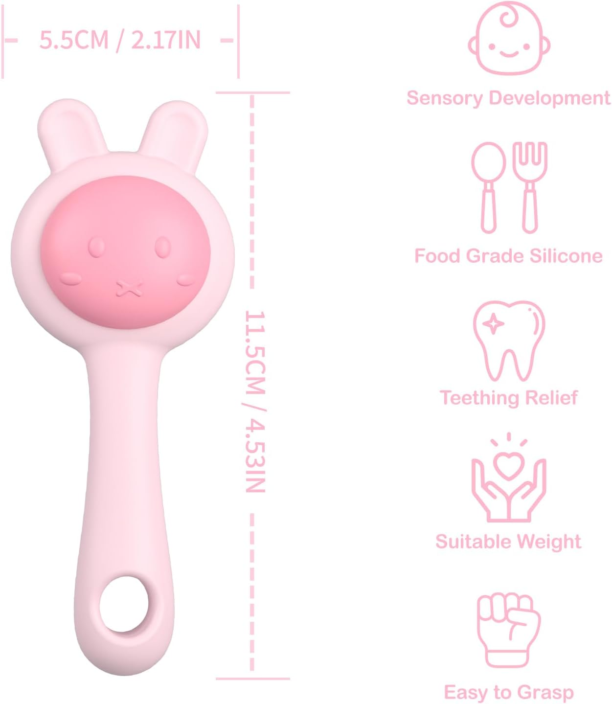 Textured Silicone Teething Toys for Baby, 2 in 1 Rattle and Teether Toy, Sensory Exploration and Teething Relief, Easy to Hold Handles, 0+ Months (Pink) image number 2