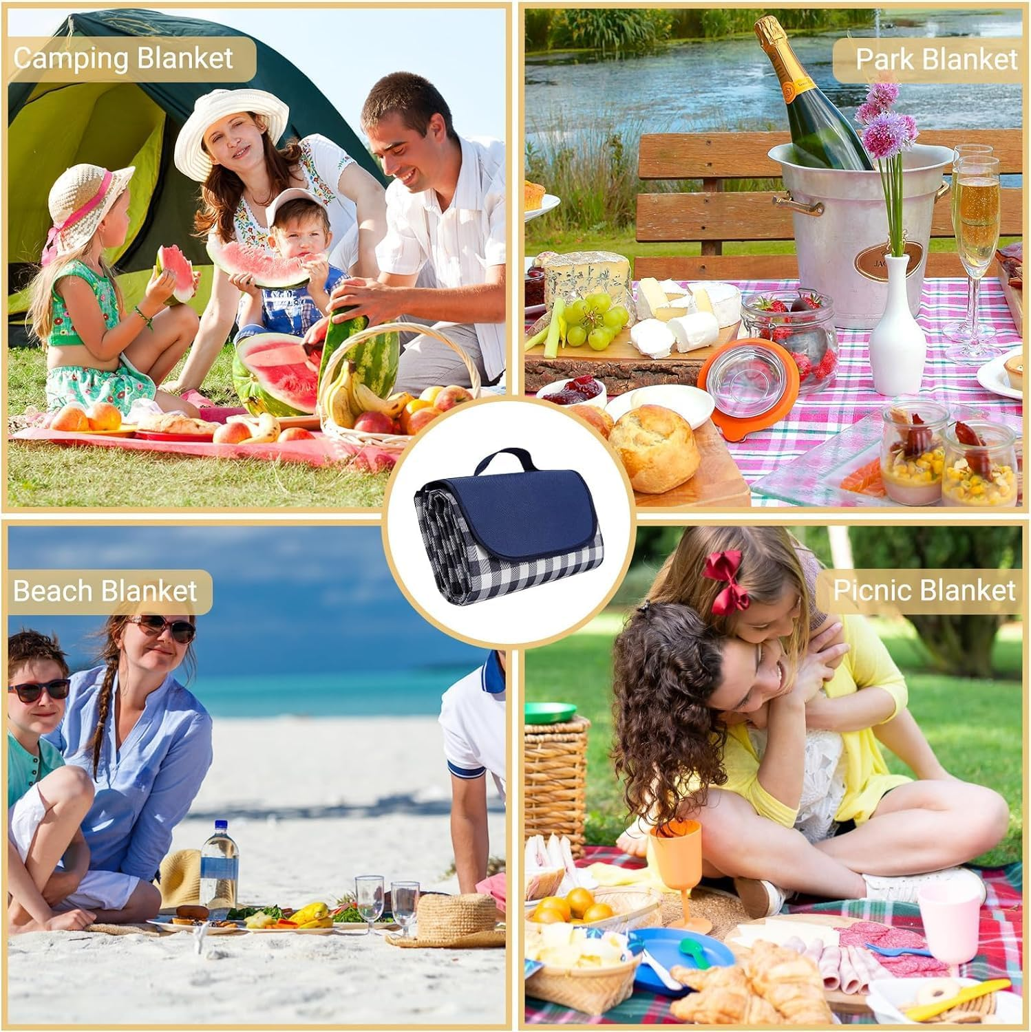 Waterproof Foldable Picnic Blanket, Large 200X150Cm Sandless Beach Picnic Blanket with Carrier Straps, Foldable Portable Handy Picnic Mat for Travel Camping Hiking Festival Park Lawn (Dark Blue) image number 3