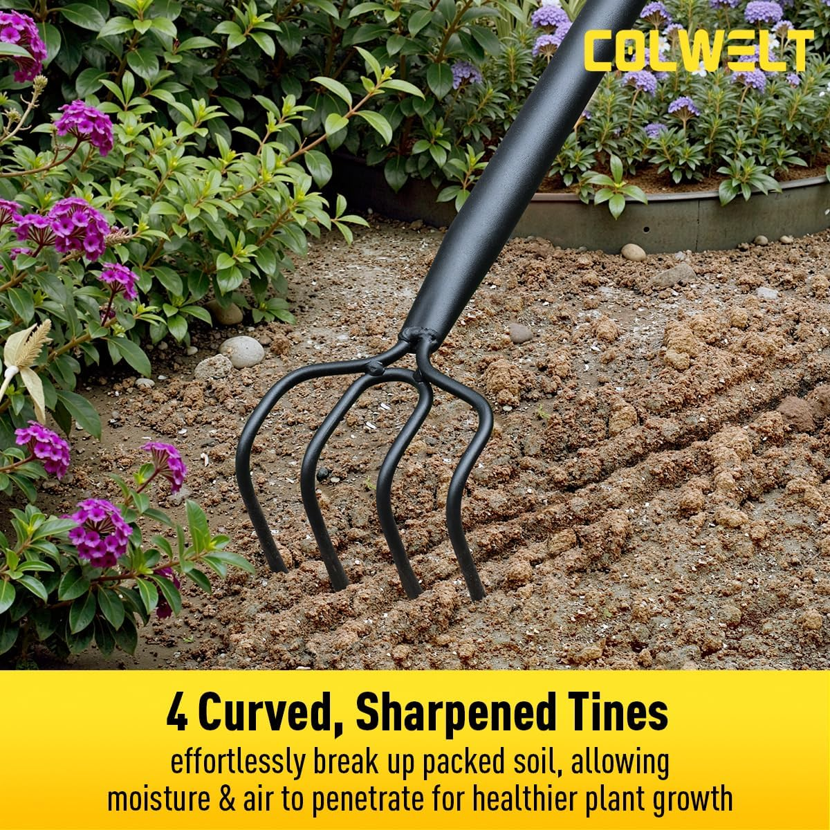 Colwelt 4 Tines Garden Cultivator Rake 59'', Hand Tiller Garden Tool with Sharp Forged Steel Head, Cultivators for Gardening with Long Handle, Garden Tiller for Digging Loosening Weeding image number 4