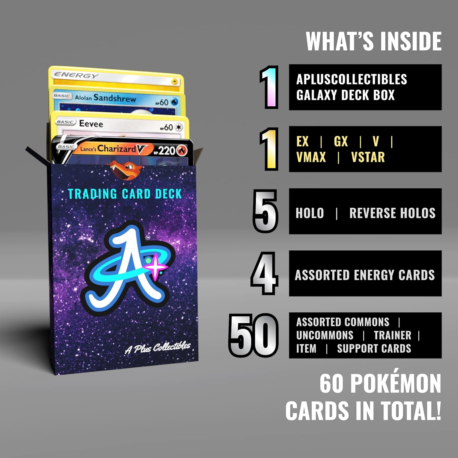 TCG Collectible Deck Box &ndash; by a plus Collectibles - Includes 60 Assorted Pokemon Trading Cards with 1 GX/EX/V/VMAX/VSTAR image number 2