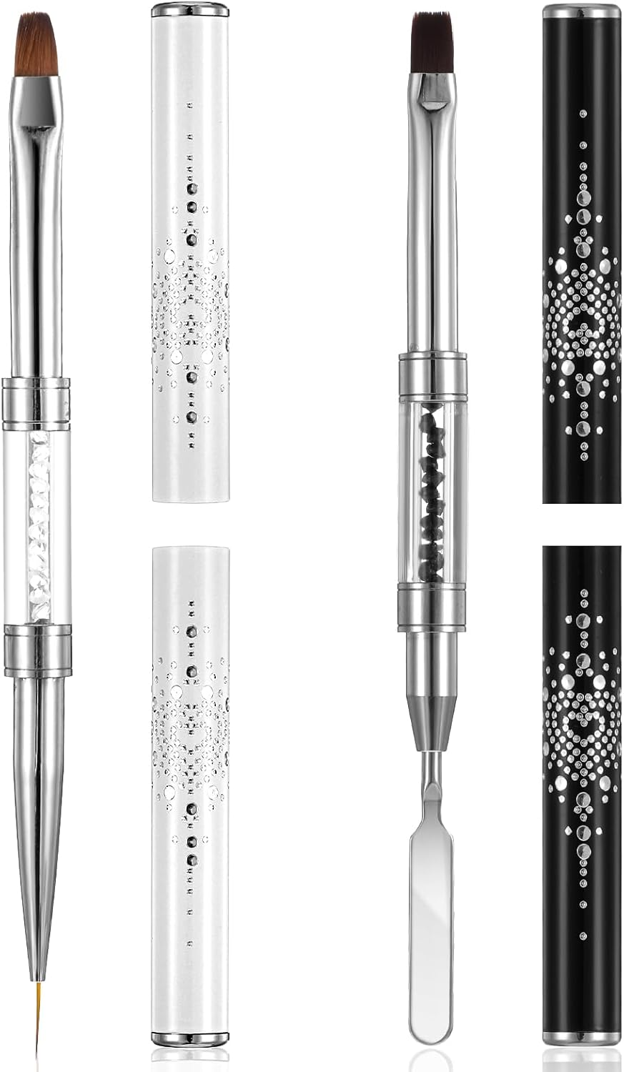 2 Pcs Builder Gel Brush，Poly Dual Ended Flat Gel Nail Brushes 2 in 1 Design Flat Manicure Spatula with Transparent Pen Box for Gels Acrylic Nails Extension(White，Black) image number 1