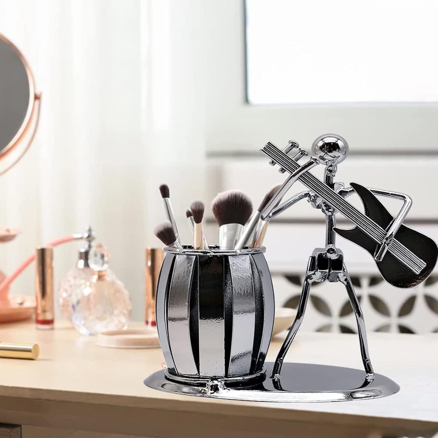 Metal Art Pen Pencil Holder, Creative Guitar Player Pen Cup, Office Desktop Ornaments Music Decoration Gift image number 3