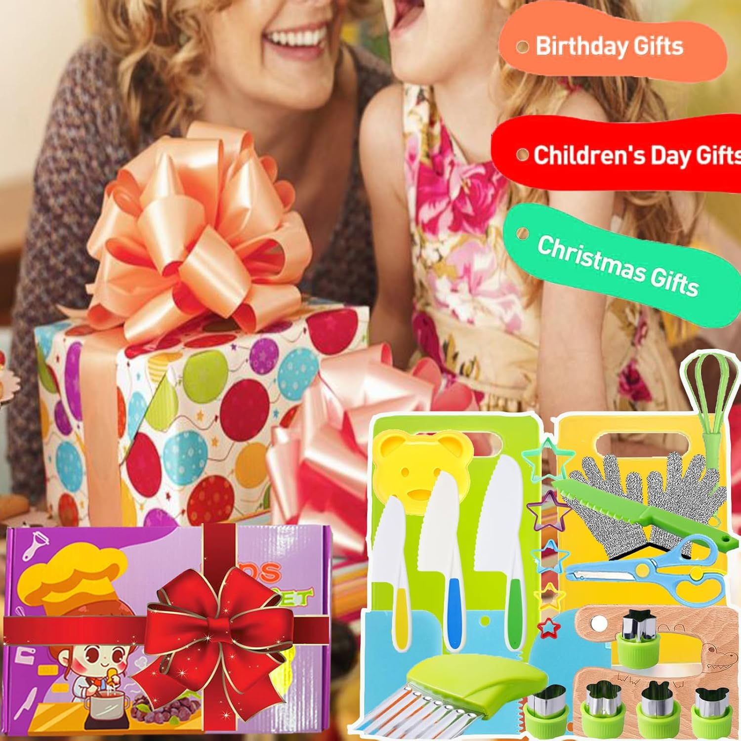 Kids Knife Set,28Pcs Toddler Knife Set,Kids Knife Set for Real Cooking with Gloves,Crinkle Cutter,Fruit Cutter,Dough Cutters,Kids Cutting Board and Wooden Safe Knives for Cooking Fun and Present image number 3