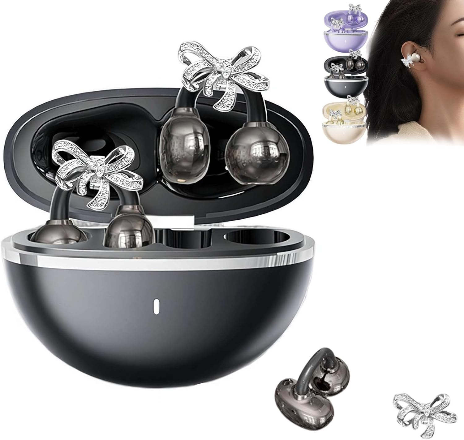 Clip-On Earbuds with Detachable Bow Earrings,Open-Ear Wireless Bluetooth 5.4 Headphones with Mic, Comfortable Fit & 72H Playtime Jewelry-Inspired Headphones for Women Gifts,Sports & Workouts (Black)