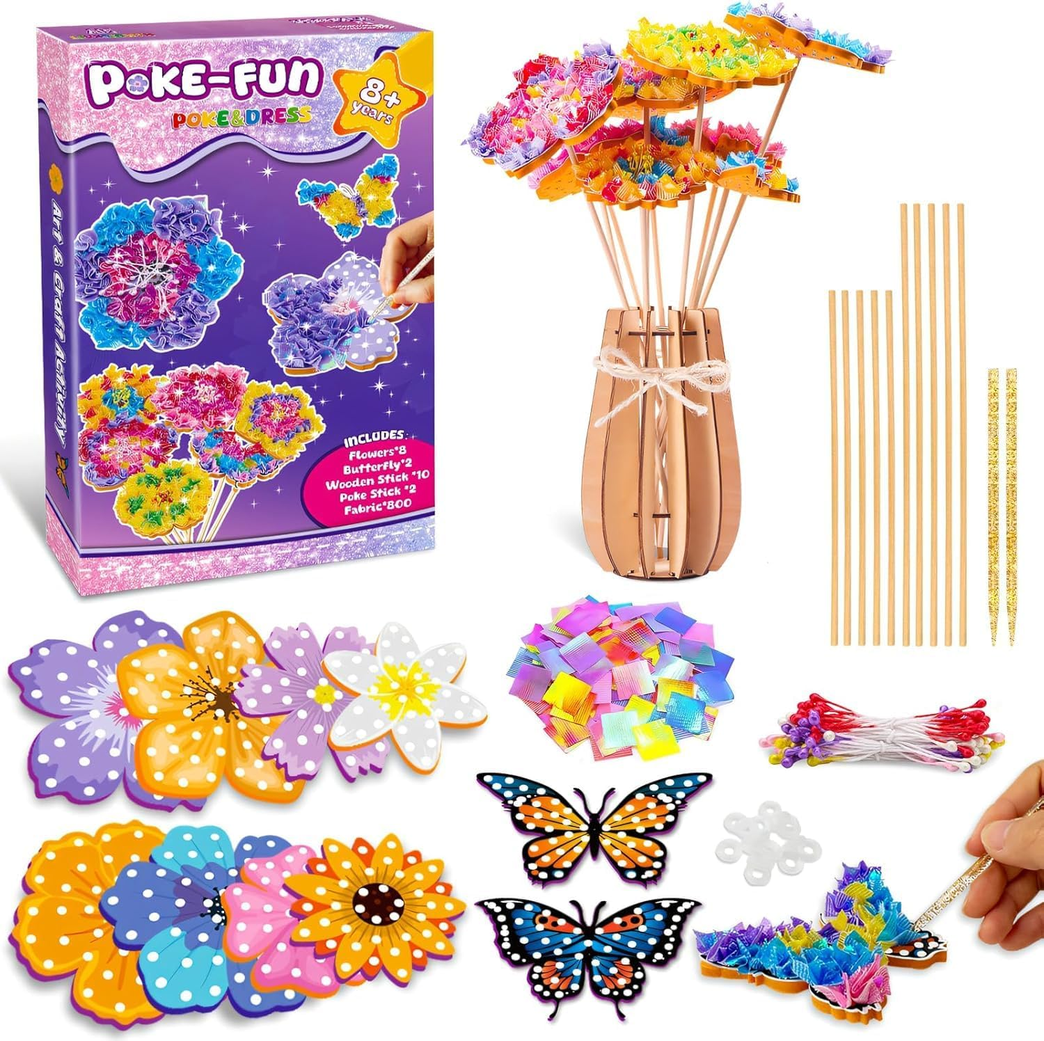 Poke-In Art Flower Bouquet Craft Kit for Girls Ages 4-12, DIY Creative Activity with 8 Flowers, 2 Butterflies & Wooden Vase, Mess-Free Kids Arts and Crafts, Birthday Gift Toys for 4 5 6 7 8 9 Year Old image number 5