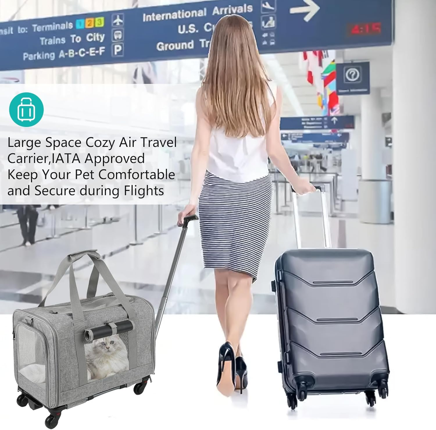 Dog Cat Carrier with Wheels, Detachable Base Portable Breathable Outdoor Pet Carrier with Curtain, Multifunctional Labor Saving Dog Travel Carrier for Picnic (Grey) image number 4