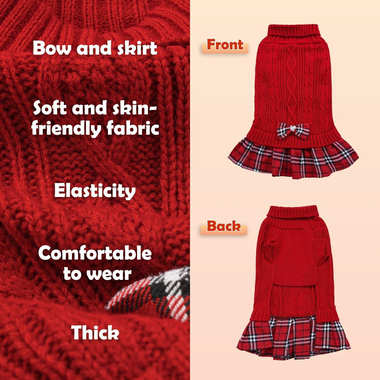 Slowton Dog Turtleneck Sweater Dress with Bowtie - Dog Warm Pullover Sweater with Leash Hole, Stretchy Knitted Winter Clothes for Small Medium Dogs Puppies image number 3