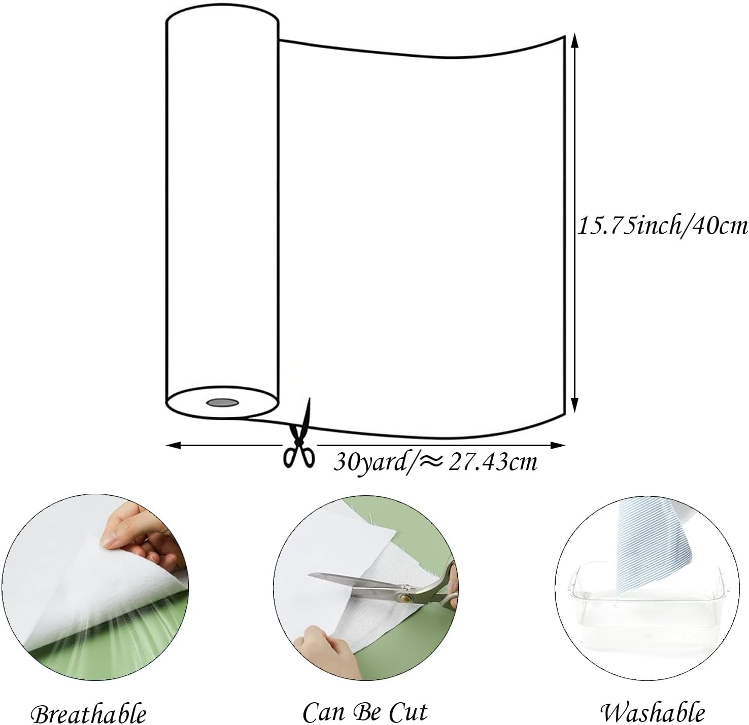 ZHIGOU Medium Weight Iron-On Non-Woven Fusible Interfacing 15.75 Inch X 30 Yard,Fusible Fleece,White Polyester Single-Sided Interfacing Fabric for Fsewing Supplies, Quilting,Diy,Bags,Home Decoration