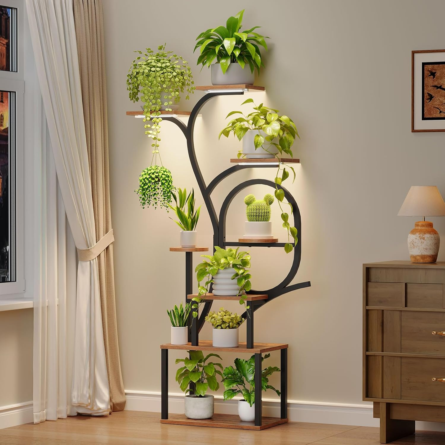 MAHANCRIS Plant Stand Indoor with Grow Lights - 60" Tall Plant Shelf, Indoor Plant Lighting Stands, 8 Tiered Flower Holder, S-Shaped Decorative Rack for Living Room, Rustic Brown and Black PSHR170AE01 image number 5