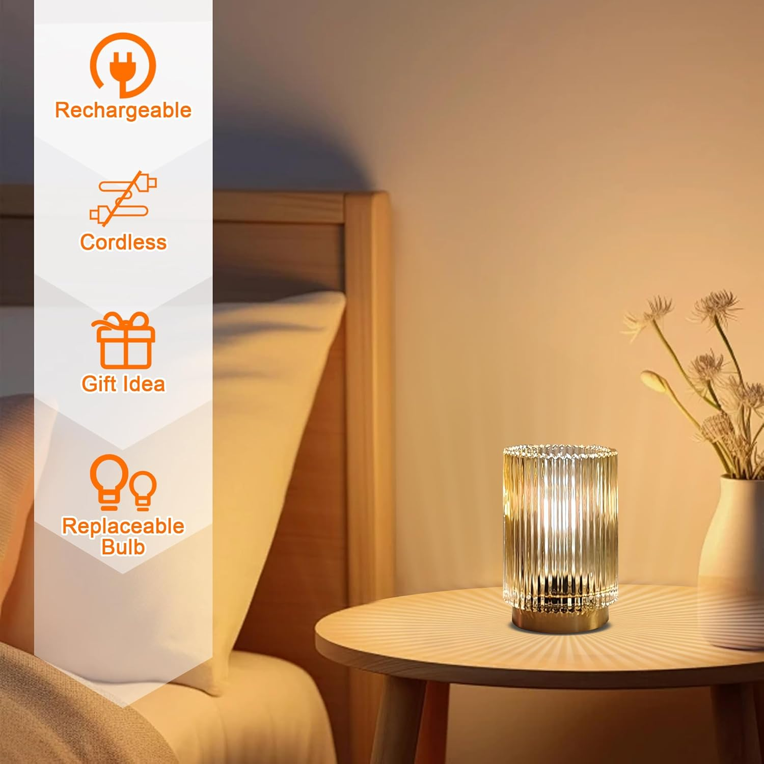 MEKOTRIN Table Lamp, Cordless Night Stand Lights with Glass Lampshade, Small Rechargeable Romantic Atmosphere Lamp with LED Bulb, Decorative Bedside Lamp for Living Room Bathroom (Amber) image number 4