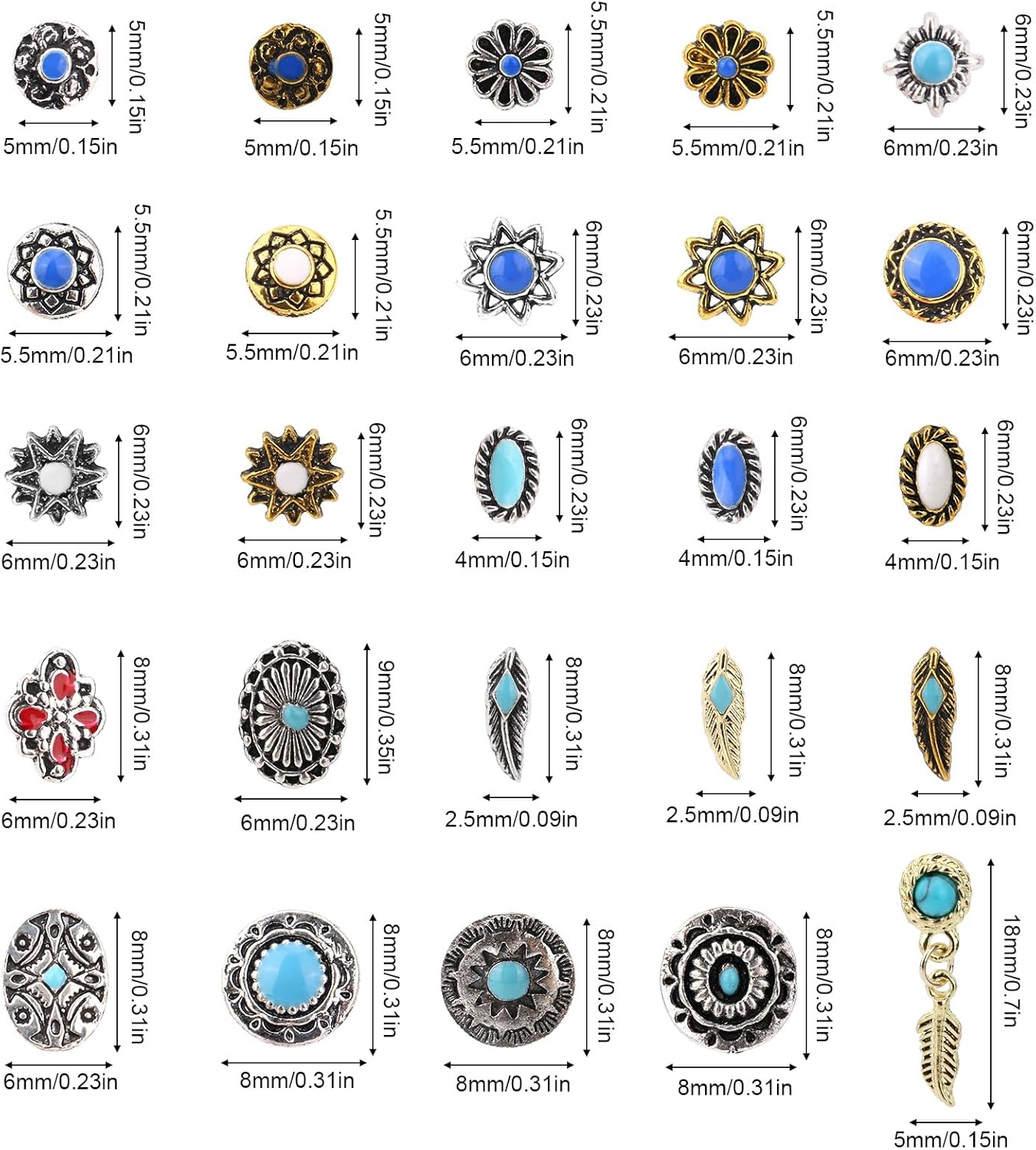 50Pcs Stylish Western Turquoise Nail Charms, Retro Metal Cowboy Nail Gems Mixed Shapes DIY Manicure Accessories for Gel & Acrylic Fingernails image number 6