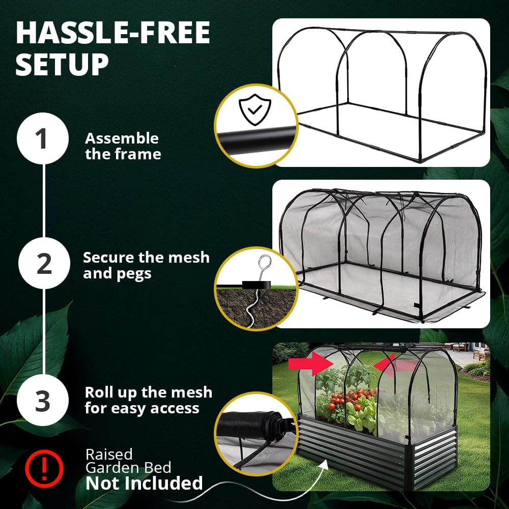 Raised Garden Bed Cover for 180Cm X 90Cm or Larger Bed - Premium Black Fibreglass Mesh Netting with Steel Frame for Natural Pest Protection - Dual Zipper Access Mini Greenhouse - Crop Cage image number 2