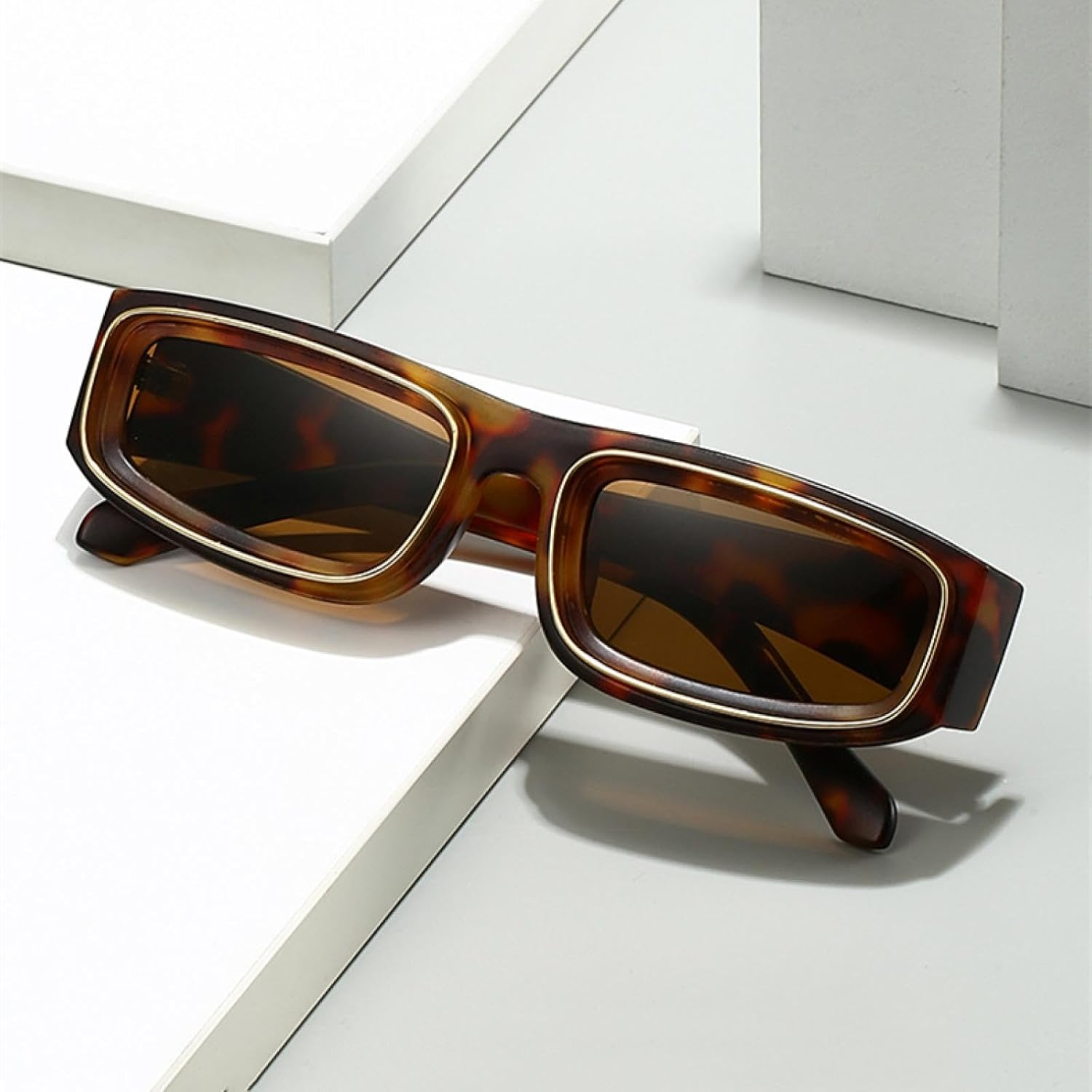 JRLLFD Small Rectangle Punk Sunglasses Men Luxury Vintage for Male Retro Shades Uv400 - C1Browngray image number 2