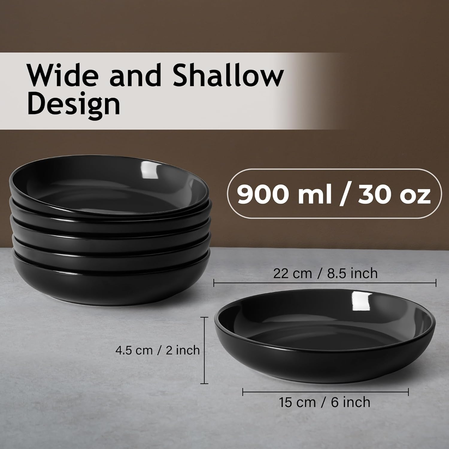 MIAMIO &ndash; 890 Ml Set of 6 Pasta Bowls/Salad Bowls, Pasta Plates Wide and Shallow Bowl, Large Ceramic Stoneware Deep Plate Serving Soup, Microwave and Dishwasher Safe - Le Papillon Collection (Black) - Black image number 5