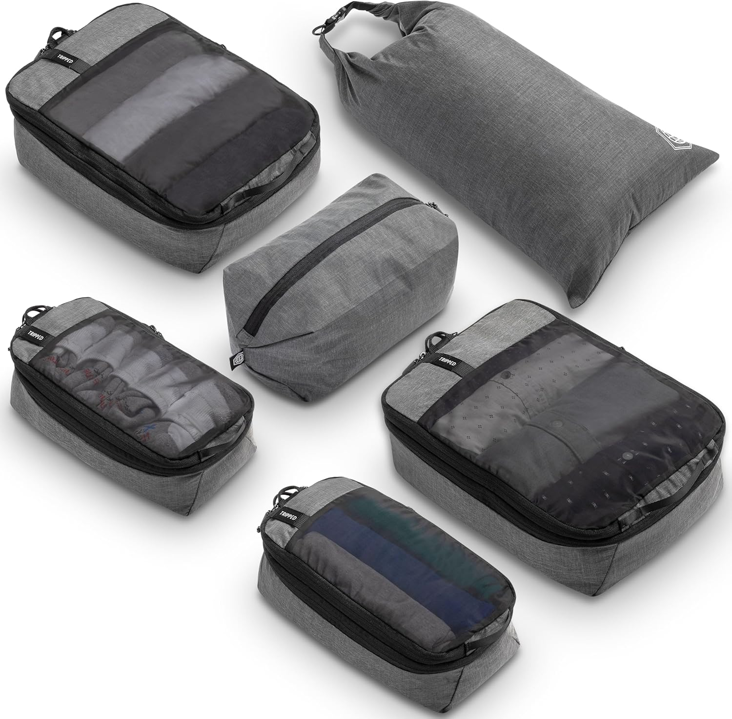 Premium Compression Packing Cubes for Travel, Compression Packaging Cube, Zip Bags Premium 6-Piece Set with Laundry Bag and Shoe Bag by TRIPPED Travel Gear (Grey Mesh)