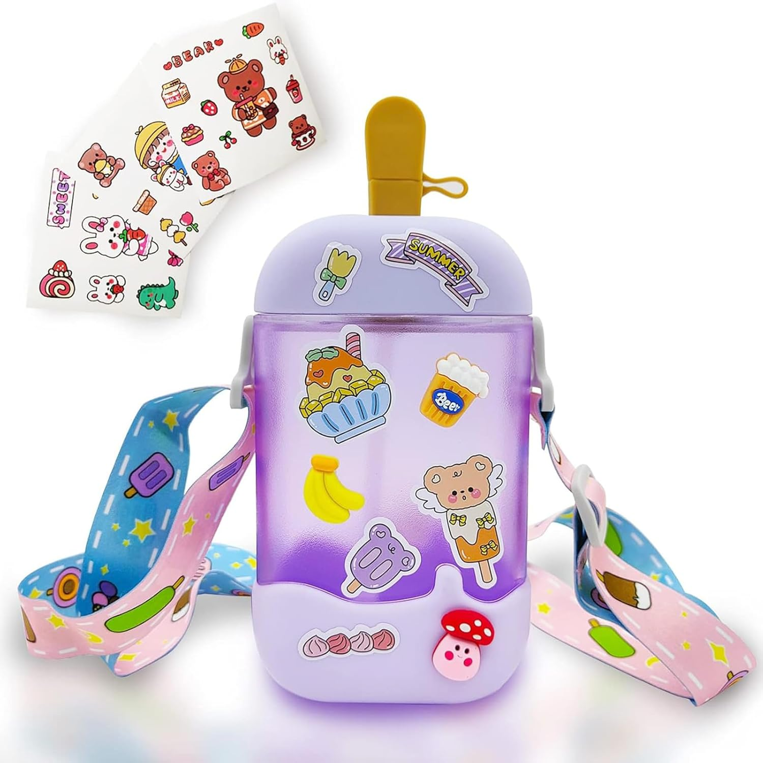 Kawaii Water Bottle Cute Ice Cream Water Bottles with Straw, Kawaii Popsicle Water Bottle with Adjustable Shoulder Strap and Stickers, Popsicle Cup for School Girls and Boys, Bpa-Free 400Ml (Pink)