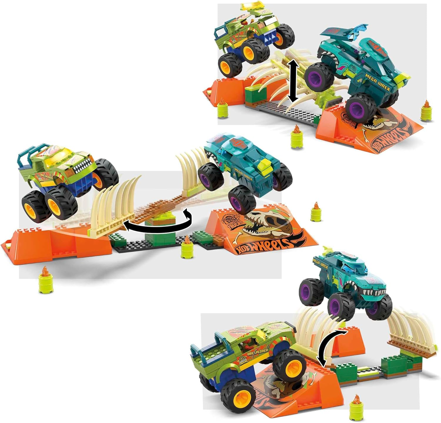 Hot Wheels MEGA Hot Wheels Monster Trucks Building Toy, Smash & Crash Mega-Wrex Boneyard Stunt Course with 332 Pieces, 2 Figures and 2 Ramps, Kids Age 5+ Years image number 4
